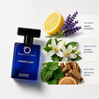 Crimson Alibi 50ml men's perfume with lemon, lavender, orange blossom and cedar notes